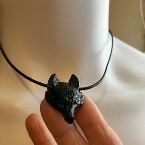 NEW Wolf Black Obsidian Gemstone hand carved Wolf Head Choker Genuine Leather